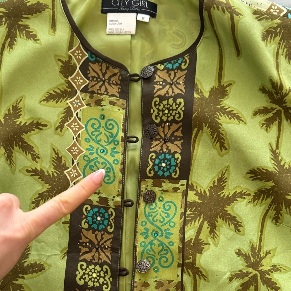City Girl Vacation Tropical Palm Tree Green Brown Button Down Shirt Vintage Y2K - Picture 12 of 12
